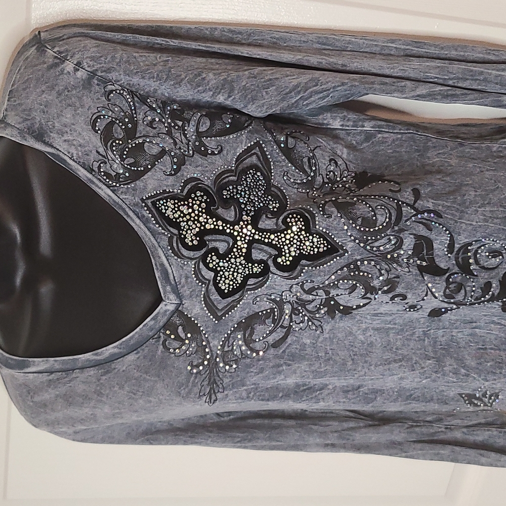 Vocal Gray Rhinestone Long Sleeve T Shirt Size Large